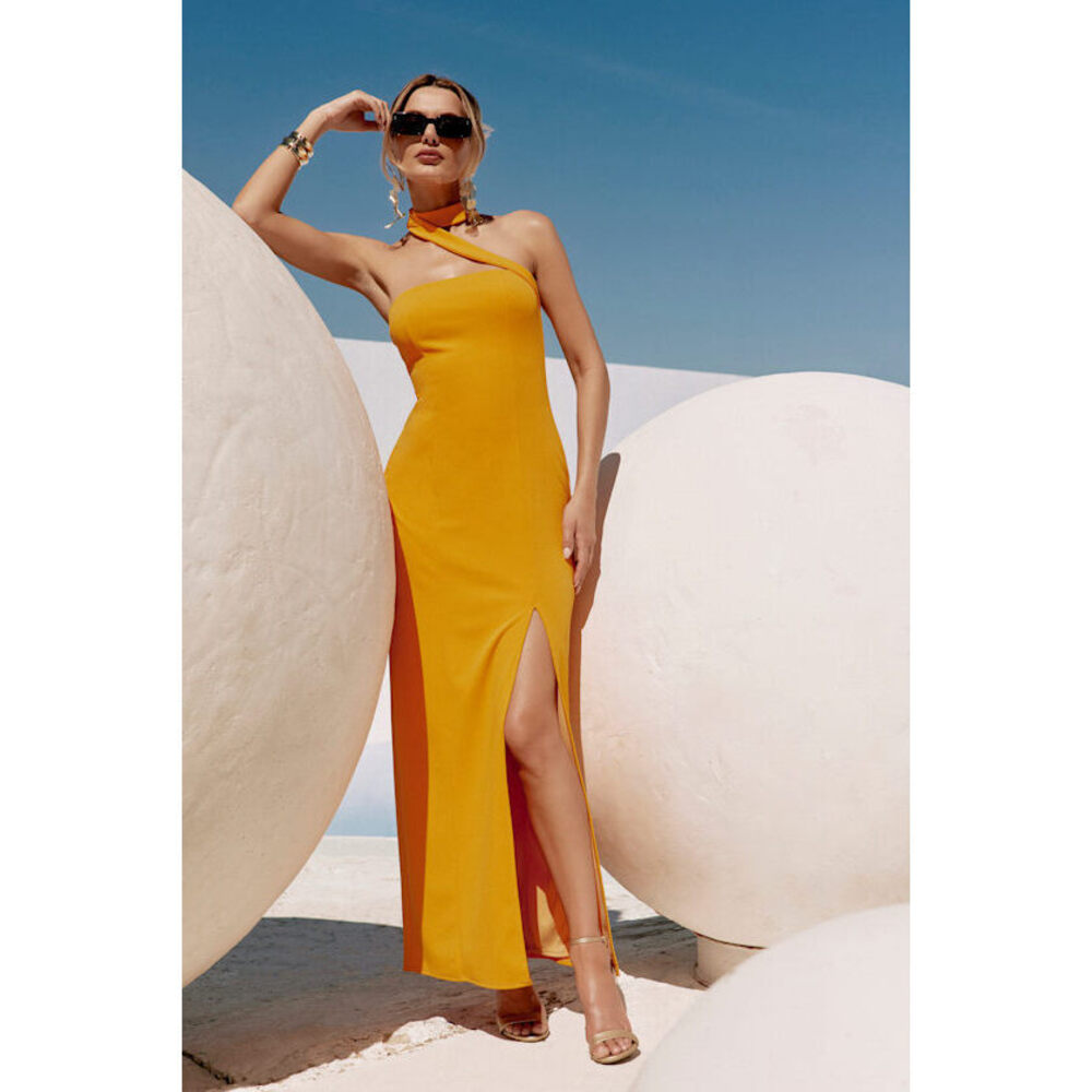 NWOT. Lulus Seraphina Golden Yellow Asymmetrical Column Maxi Dress